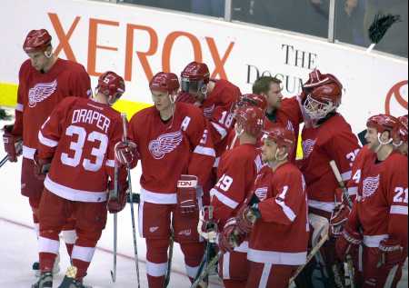 The Red Wings gathered after being upset by L.A.