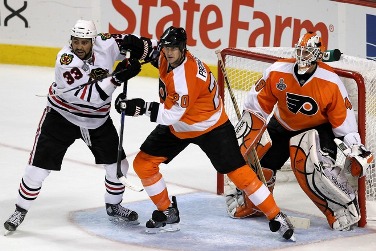 Chris Pronger has been clearing Big Buf from the crease, to help the Flyers win both games in Philadelphia.